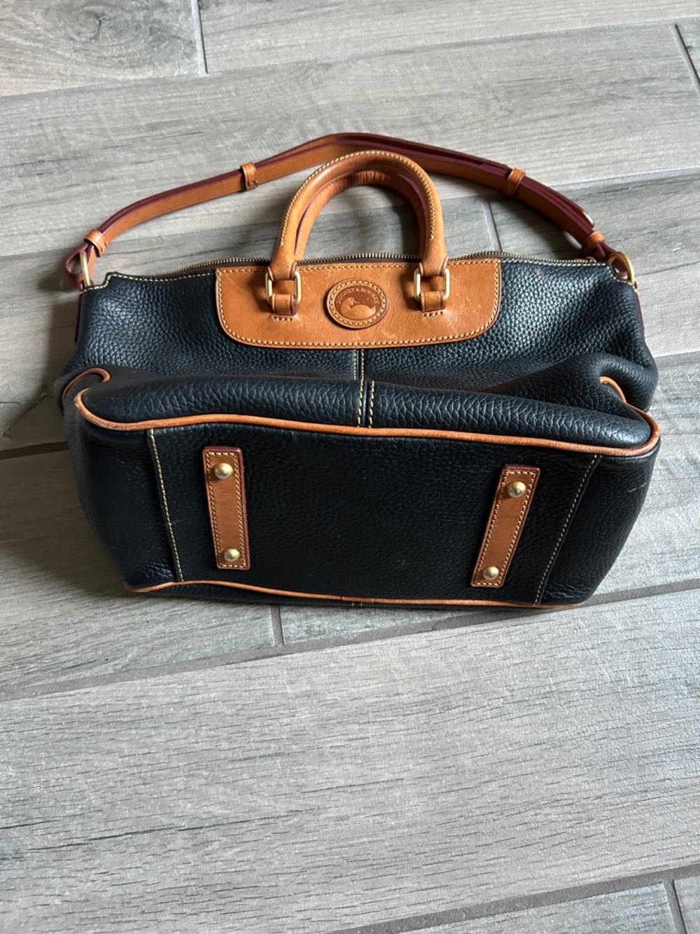 Dooney & Bourke Black Pebbled Leather Satchel with Tan Trim and Brown Strap - Picture 3 of 11